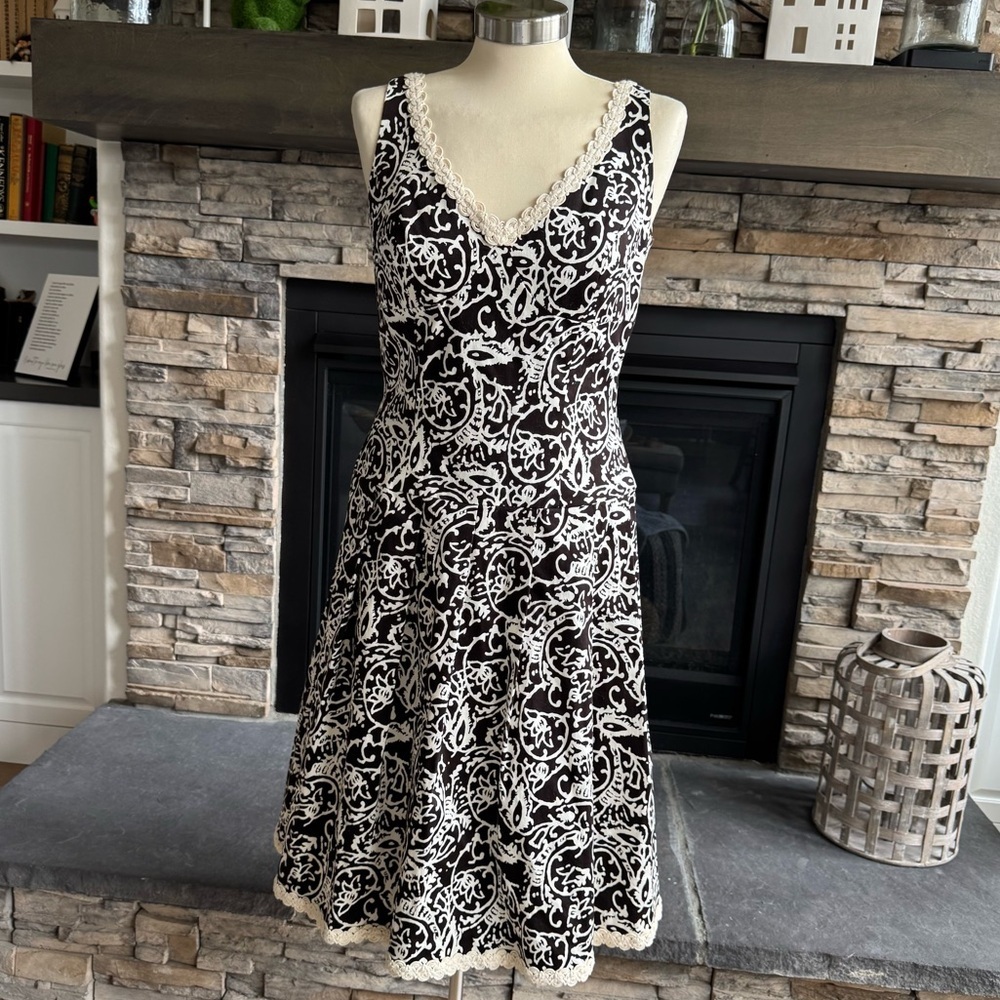Suzi Chin for Maggy Boutique Cream and Brown A-Line Midi Dress